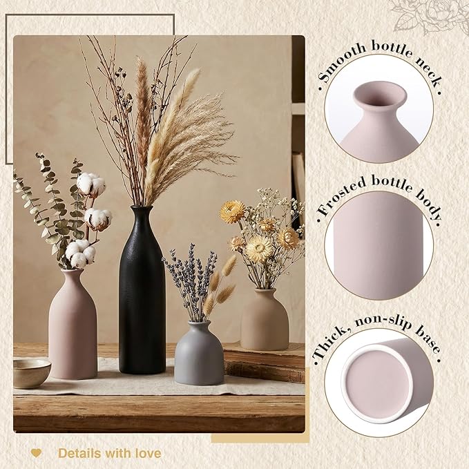 Dandat Brown Ceramic Vase Set of 4, Modern Decorative Ceramic Vases Rustic Pottery Centerpiece Table Decor for Farmhouse Bouquet Pampas Grass Dried Fresh Flowers, Living Room, Kitchen, Bedroom