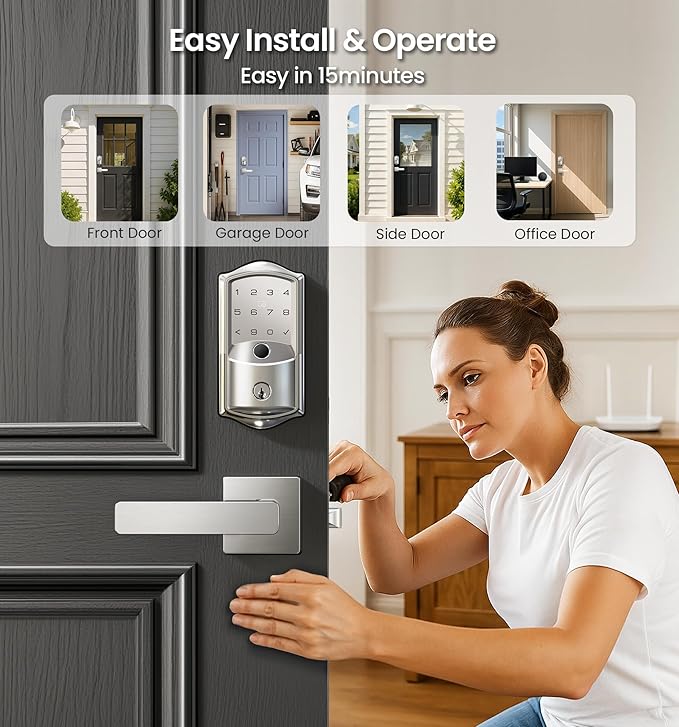 Veise VE027-L Built-in WiFi Smart Lock with Handle, Fingerprint keyless Entry Door Lock Set, App Remote & Voice Control, Electronic Deadbolt for Front Door, Touchscreen Keypad, Auto Lock, Satin Nickel