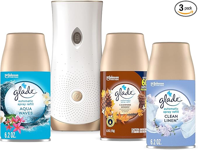 Glade Automatic Spray Variety Pack, 6.2 oz, Aqua Waves, Cashmere Woods & Clean Linen, 8 Ounce (Pack of 1)