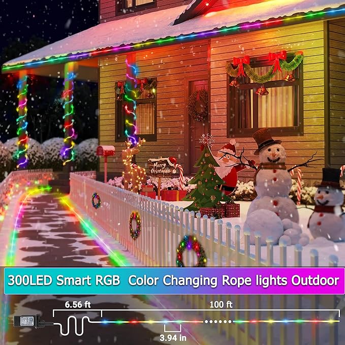 Jnaurb RGB Color Changing Rope Lights Outdoor, 100ft 300LED Smart String Lights with Remote & APP Control, Waterproof Music Sync Rope Lighting - DIY Flexible Tube LED Lights for Bedroom Garden Wedding