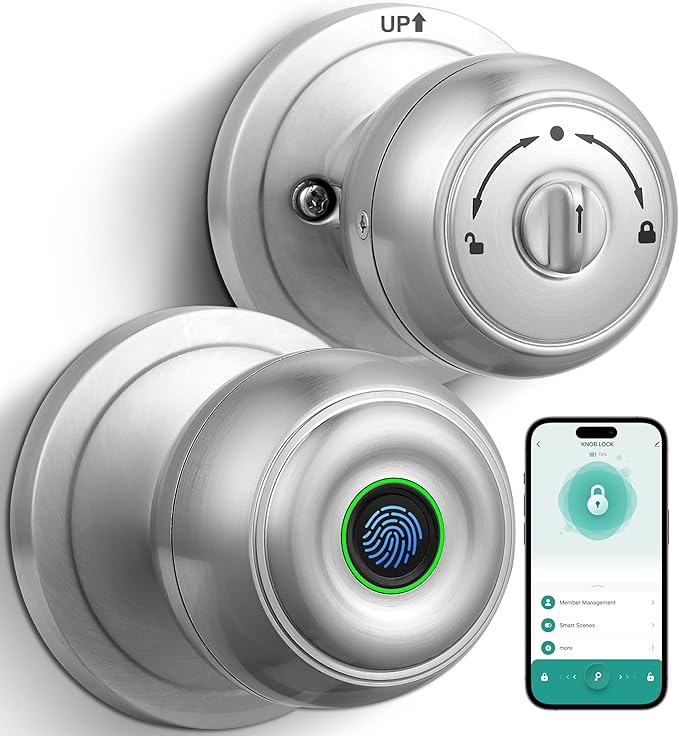 Fingerprint Door Lock, Smart Fingerprint Door Knob with Lock, Biometric Door knob with App Control & Key, Keyless Thumbprint Entry Door Lock for Bedroom, Front Door, Home, Apartment -Satin Nickel