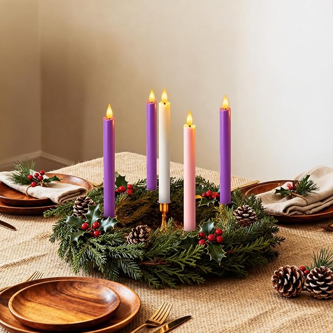 LED Advent Candles Set of 5, Flameless Taper Candles with Remote, Battery Operated Taper Candlestick Flickering, 3 Purple, 1 Pink, 1 White for Christmas Wreath