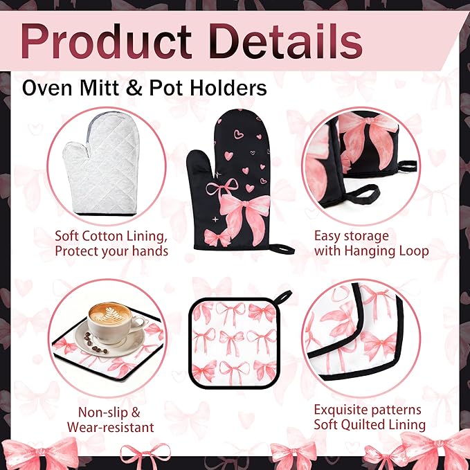 8 Pcs Cute Pink Bow Kitchen Towels and Dishcloths Sets Oven Mitts Pot Holders Set Valentines Day Absorbent Decor Accessories Gloves Potholders Heat Resistant for Chef Baking Cooking Home Gifts