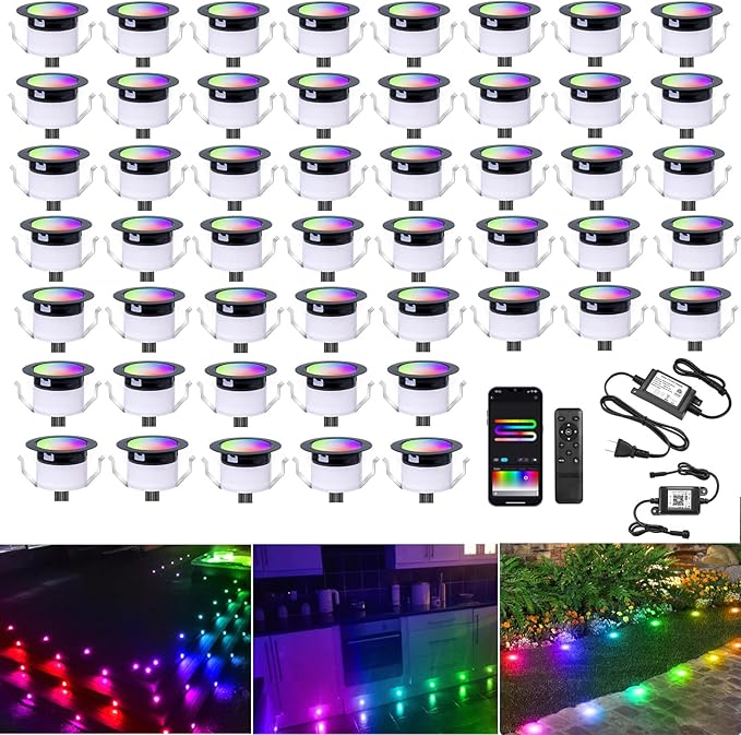 Sumaote LED Deck Lights Kit, 50 Pack 1.77" RGBW+IC Multicolor Dynamic Low Voltage Recessed Landscape Lights, IP67 Waterproof 12V Step Light Outdoor for Garden Yard Path Ground Stairs
