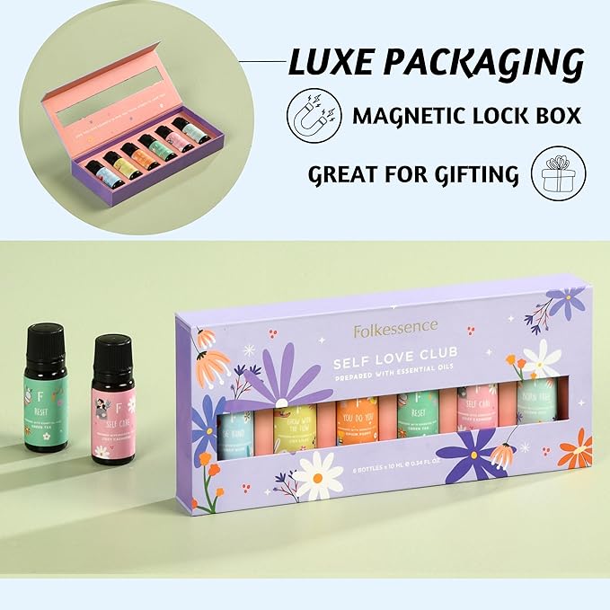 Folkulture Essential Oils Set | 6 Relaxing Fragrance Oils for Diffusers | Green Tea, Cashmere, Ocean Salt and More| Aromatherapy Gift Set for Her, Him | Self-Care Lovers | Self Love Club