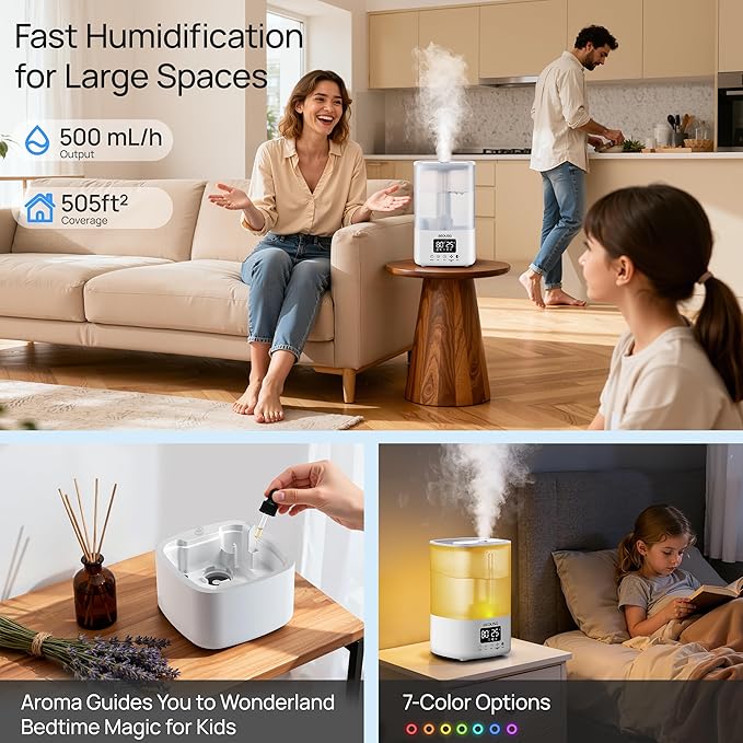 5L Top Fill Ultrasonic Humidifier,Cool Mist Humidifiers with Timer & Humidity Control for Bedroom, Baby, Large Rooms & Plants (White)