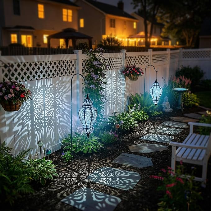 Hanging Solar Lights Outdoor Garden Decor Solar Lantern Waterproof Plastic Moroccan Outdoor Decorations for Patio Pathway Yard Backyard Garden Decorative (Black, 1)