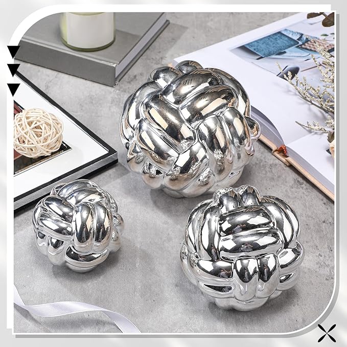 Wenqik Silver 3 Pcs Knot Decor, Chain Link Coffee Table Bookshelf Decor Accents, Entry Table Ceramic Aesthetic Minimalist Decorative Objects for Modern Home Living Room Decoration 3 Sizes