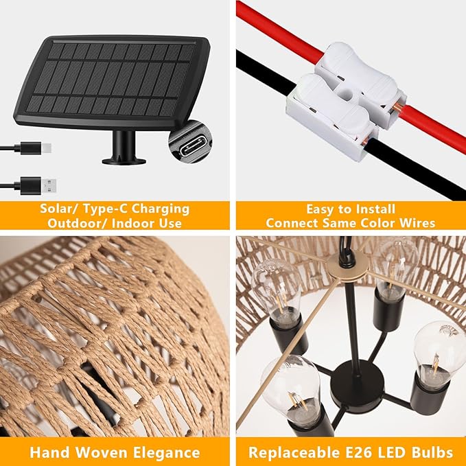 Outdoor Solar Chandelier, 4-Light 19" Rattan Outdoor Chandelier, Hanging Pendant Lights, Waterproof, for Gazebo, Pergola, Porch, Patio