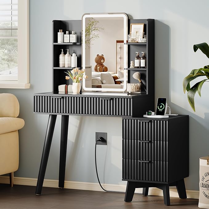 Vanity Desk With HD Lighted Mirror and Lights, Fluted Small Makeup Vanity with Storage Drawers & Shelves, Modern Dressing Table Set with Power Outlet & Glass Table Top for Women Girls Bedroom, Black