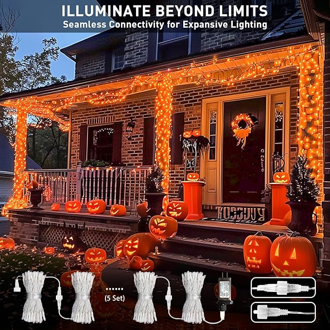 JMEXSUSS 150LED Orange Halloween Lights Indoor Outdoor, Connectable Christmas String Lights Indoor Plug in, 8 Modes Orange Lights for Halloween Fireplace Tree Bedroom Party Decor (Pack of 2)