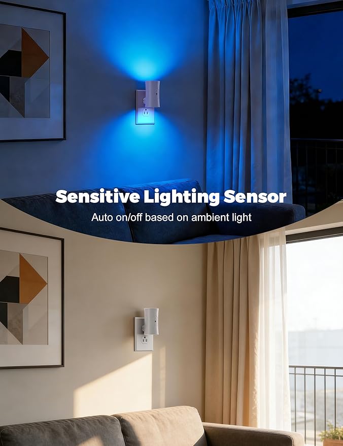 Night Light, LED Night Lights Plug into Wall 2 Pack Blue 0-100LM Adjustable Brightness Light Sensor Plug in Night Light for Hallway, Bathroom, Adult
