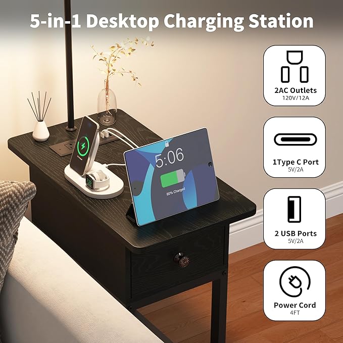Floor Lamp with Table, Side Table with LED Light and Charging Station, Narrow End Table with Lamp Attached, Nightstand with Storage Drawer for Living Room, Bedroom, Black