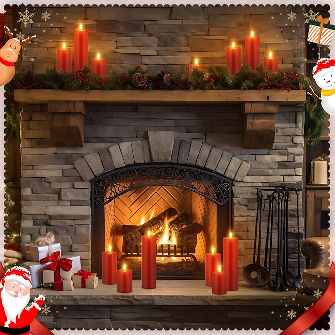 Retisee 3 Pcs Christmas Red Large Flameless LED Battery Operated Candles with Remote Xmas Pillar Flameless Flickering Candles for Indoor Outdoor Santa Party Wedding Light Decor(4''/6''/10'' x 3'')