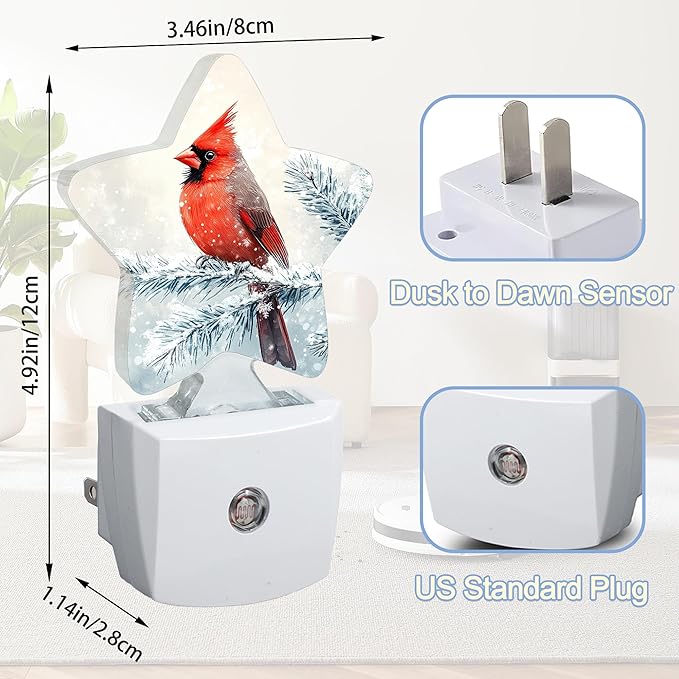 Red Cardinal Bird Nightlight,Winter Christmas Tree Star Night Lights Plug into Wall Decorations for Bedroom Bathroom,Dusk to Dawn Sensor Kitchen Hallway Stairs Energy Efficient Desk Lamp