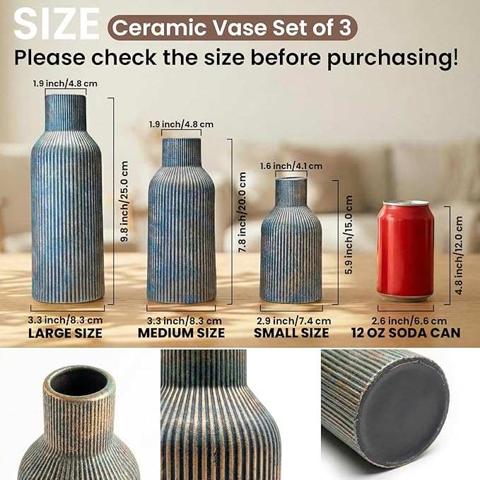 Ceramic Ribbed Vase Set of 3, Modern Farmhouse Decorative Vases in Vintage Blue, Assorted Sizes (5.9"/7.8"/9.8") for Pampas Grass, Living Room, Shelf and Table Centerpiece