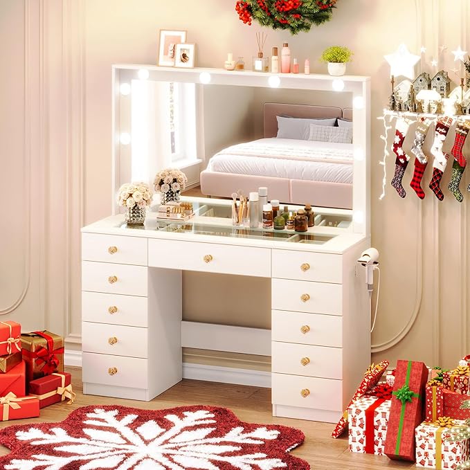Vanity Desk with Large Mirror and 10 LED Lights, Glassstop Makeup Vanity Desk with 11 Drawers & Power Outlet & Hair Dryer Stand, Dressing Table with Crystal Handles for Girls, Women (White)