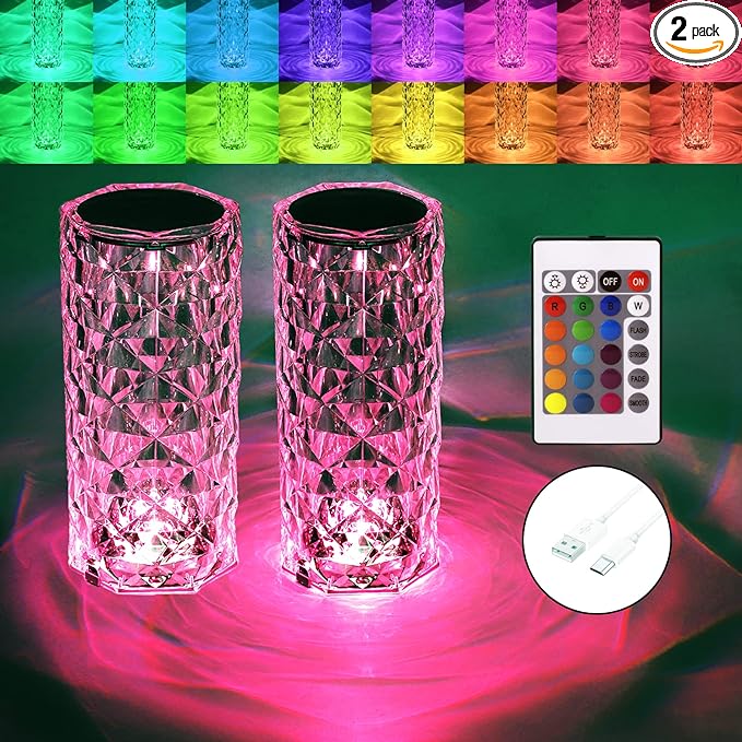 BGFHome Crystal Table Lamp RGB Color Changing Night Lights (2 Pack) Crystal Rose Diamond Touch Lamp for Bedroom Living Room Decor (Remote & Touch Control)