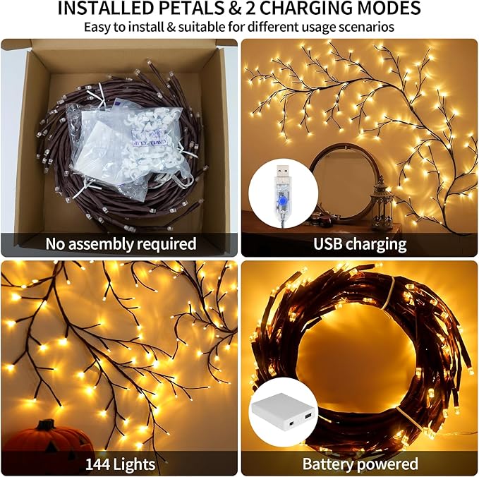 Enchanted Willow Vine Lights 7.55FT 144LED 1 PCS Brown Tree Branch Lights for Wall, Remote Timer,8 Light Model,Bedroom Wall Doors Wedding, Christmas, USB Battery Box