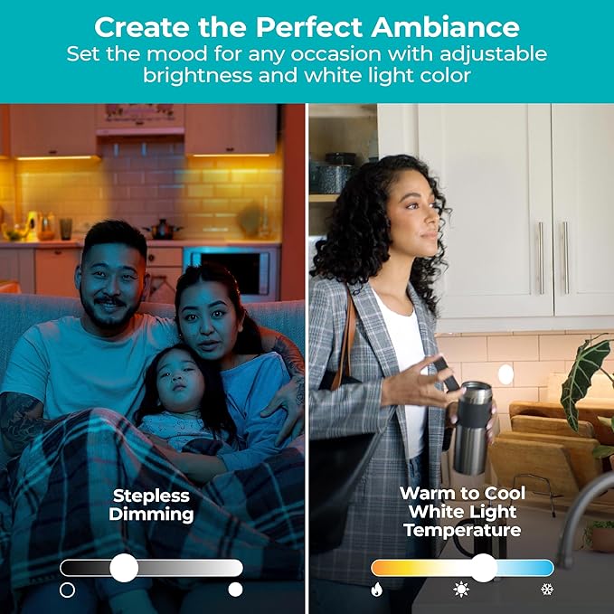 BLACK+DECKER Compatible with Alexa Smart LED Under Cabinet Lighting Kit, Motion Sensor, Dimmable , 3 Color Settings, For Kitchen, Cabinets and Closets, (4) 9" Bars, White, A Device