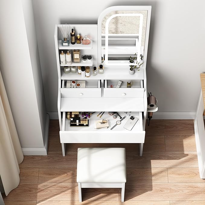 Small Makeup Vanity Desk with Mirror and Lights, Vanity Table Set with Storage Drawer, 3 Lighting Colors, Dressing Table for Bedroom, White