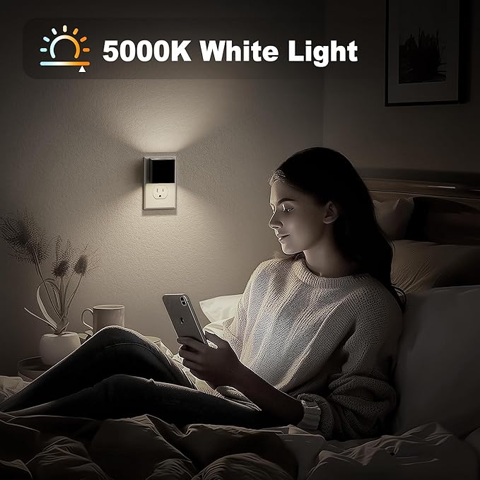 JandCase Night Light, Automatic Night Lights Plug into Wall, 2 Pack Modern Night Lights with Auto Light Sensor, 5000K Brightness Adjustable Nightlight for Kids Bathroom Hallway Kitchen Bedroom Decor