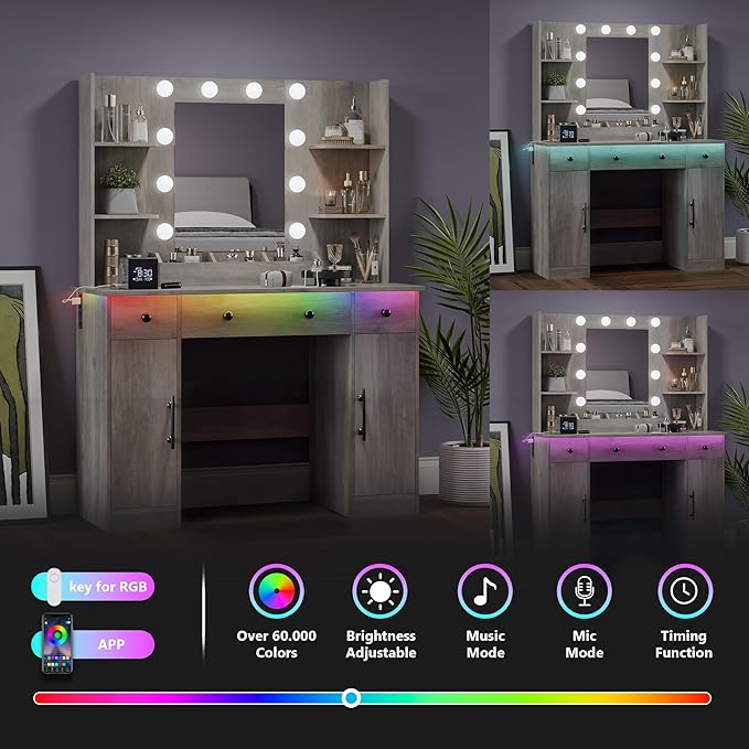 Makeup Vanity Desk with Mirror and Lights, 43" Grey Vanity Set with 3 Drawers, Power Outlet & Adjustable RGB LED Lights, Dressing Table with Storage Shelf for Women & Girls Bedroom