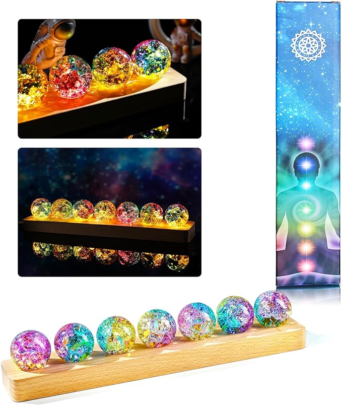 Set of 7 Crystal Balls Night Light Decor Healing Spheres with LED Wooden Stand for Meditation Energy Balancing Home Office Decoration Valentines Gifts for Women