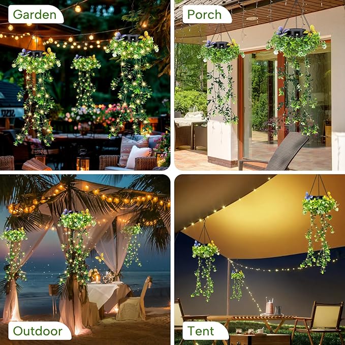 Solar Hanging Garden Lights for Spring Summer, 4 Pack 66 LEDs Realistic Flower Vine Fairy String Lights, IP65 Waterproof Outdoor Decor for Garden Patio Fence, 8-12 Hrs Auto Lighting, Mother‘s Gift