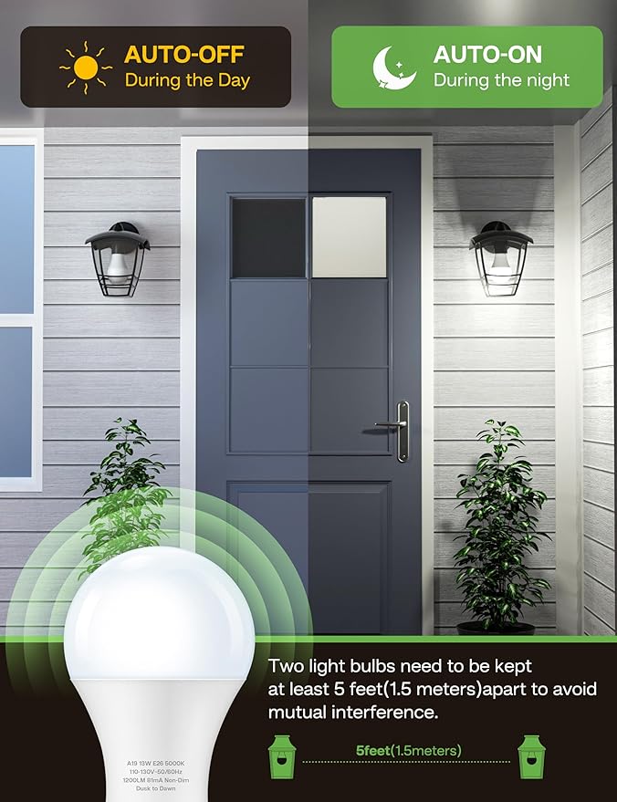 Dusk to Dawn Sensor LED Outdoor Light Bulb, Daylight White 5000K, A19 13W(100 Watt Equivalent) Bright Porch Lighting, 1200LM, Auto-On/Off Photocell Sensor for Garage Yard Patio Garden-4 Pack