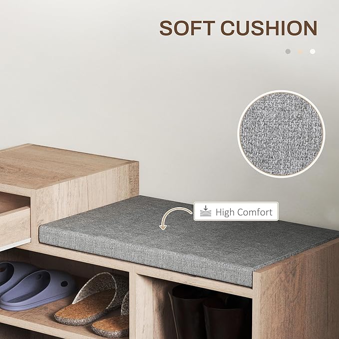 HOMCOM Shoe Bench with Storage, Modern Upholstered Entryway Bench with Shelves, Drawer and Table Top for Living Room, Hallway, Grey