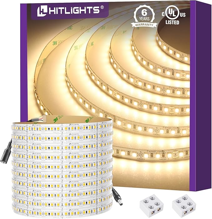 HitLights LED Strip Lights Warm White 3000K, 16.4ft Premium High Density 24V Tape Light, 600 LEDs, 426 LM/FT, CRI 90+, IP30, Lighting for Kitchen, Under Cabinets, UL Listed (Power Source Not Included)