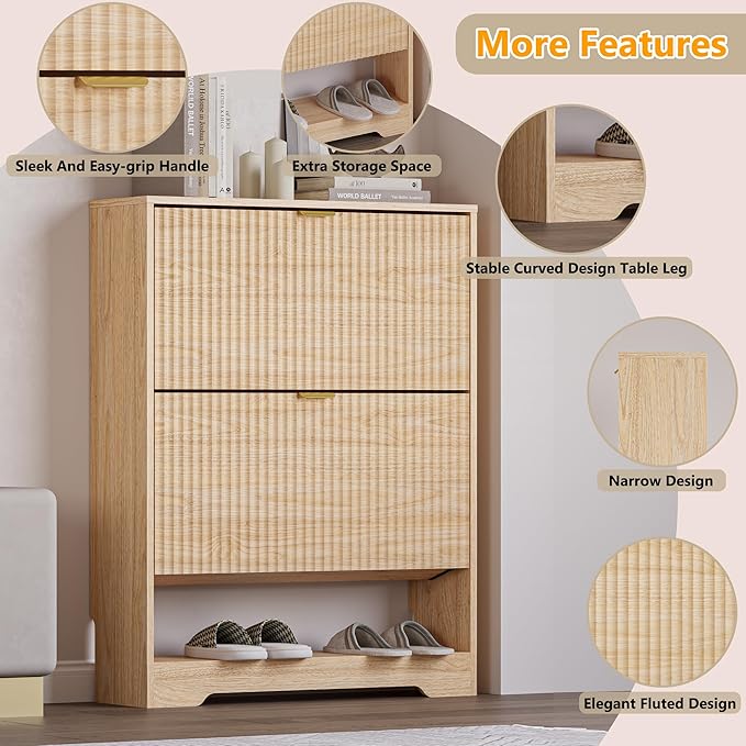 Shoe Cabinet with 2 Flip Drawers, Fluted Shoe Storage Cabinet with Adjustable Shelves, Freestanding Rack and Organizer for Entryway, Hallway