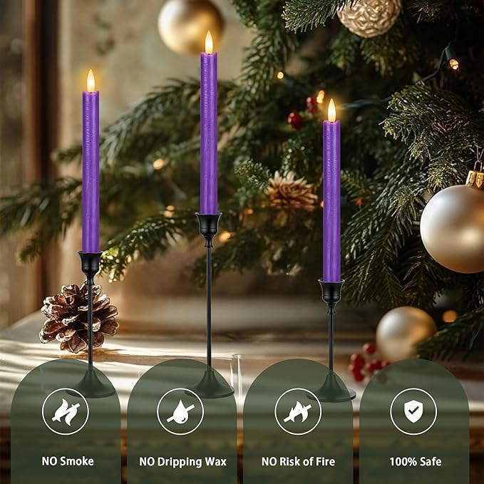 Purple Flameless Taper Candles with Remote, 3 Pack Flickering LED Candlesticks, Real Wax Battery Operated Christmas Window Candles for Winter Home Holiday Decoration