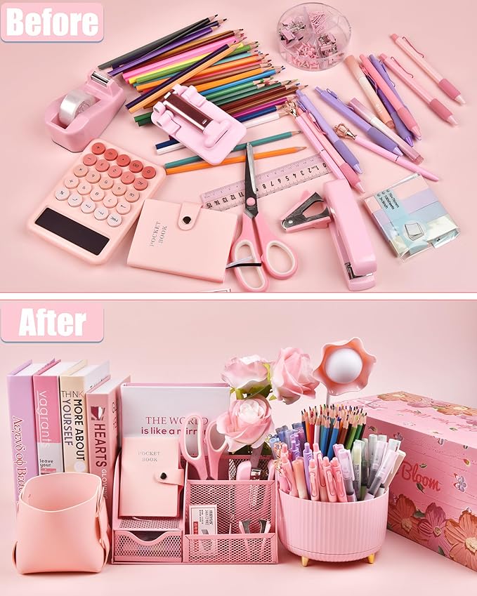 21Pcs Pink Desk Organizers and Accessories With Mesh Desk Organizer and 360°Rotating Pen Holder and a Lot of Office Pink Office Supplies Beautifully Presented in a Gift Box