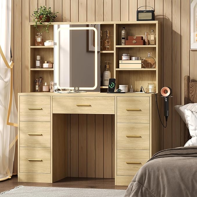 47'' W Large Vanity Desk with Mirror and Lights, 8 Storage Shelves 7 Drawers Vanity Table, Big Makeup Vanity Desk with 3 Lighting Modes, Vanity Dresser with Charging Station, Sliding Mirror (Natural)