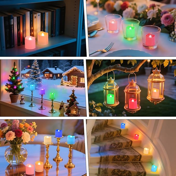PChero Rechargeable Flameless Candles with Remote Timer & Charging Base, 12 Pack 9 Color Changing Tea Lights Battery Operated, LED Votive Candles for Halloween Pumpkin Christmas Party Home Decor