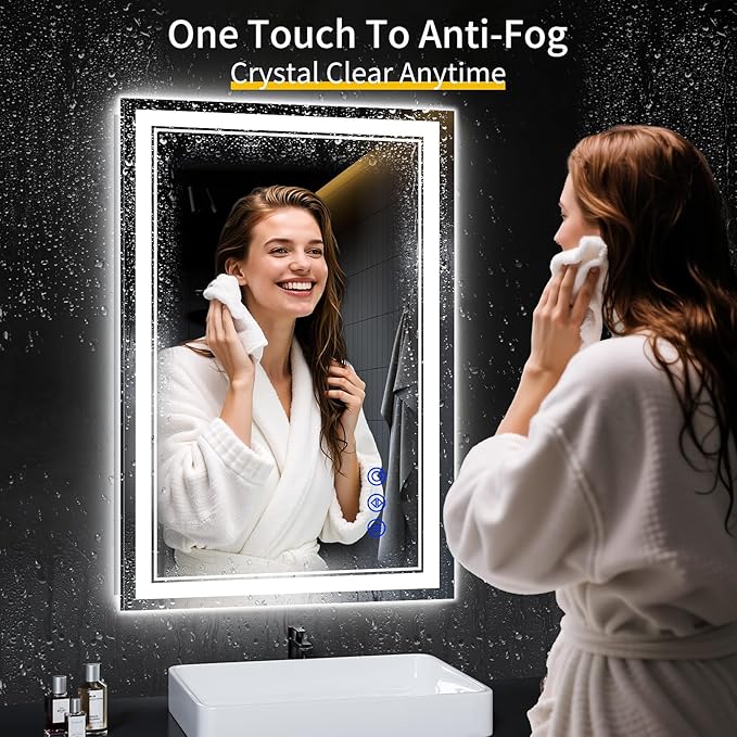 38"x26" LED Bathroom Mirror with Anti-Fog, Stepless Dimmable Lights, 3 Color Modes, Shatter-Proof Tempered Glass,Waterproof Design