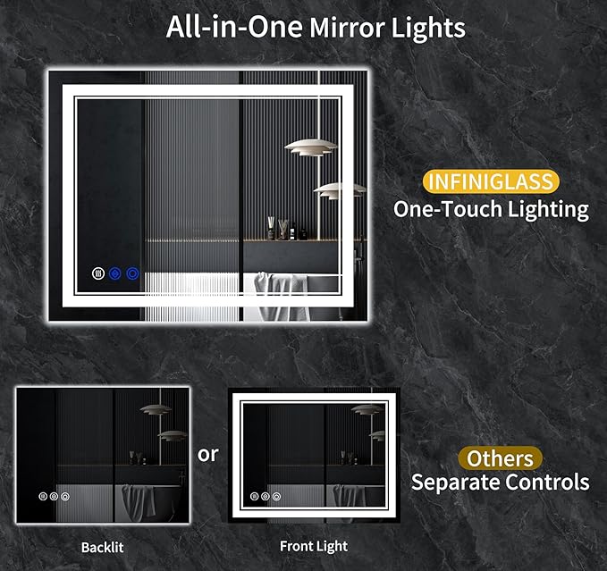50"x30" LED Bathroom Mirror with Anti-Fog, Stepless Dimmable Lights, 3 Color Modes, Shatter-Proof Tempered Glass,Waterproof Design