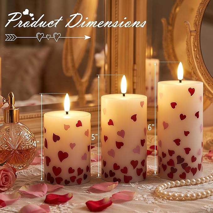 Flameless Pillar Candles with Remote, 3 Pack Battery Operated Real Wax LED Candles, Perfect for Home Decorations Fireplace Table, Heart Sticker