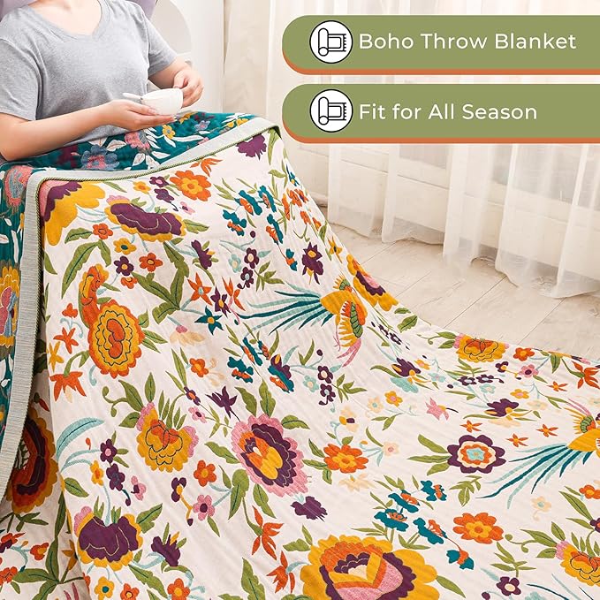 Boho Throw Blanket for Bed Couch 100% Cotton Ultra Soft Large Rustic Quilt King Blanket,Bird Floral Printed Farmhouse Bed Blankets 90"×98", Decorative Reversible Muslin Bed Cover for All Seasons