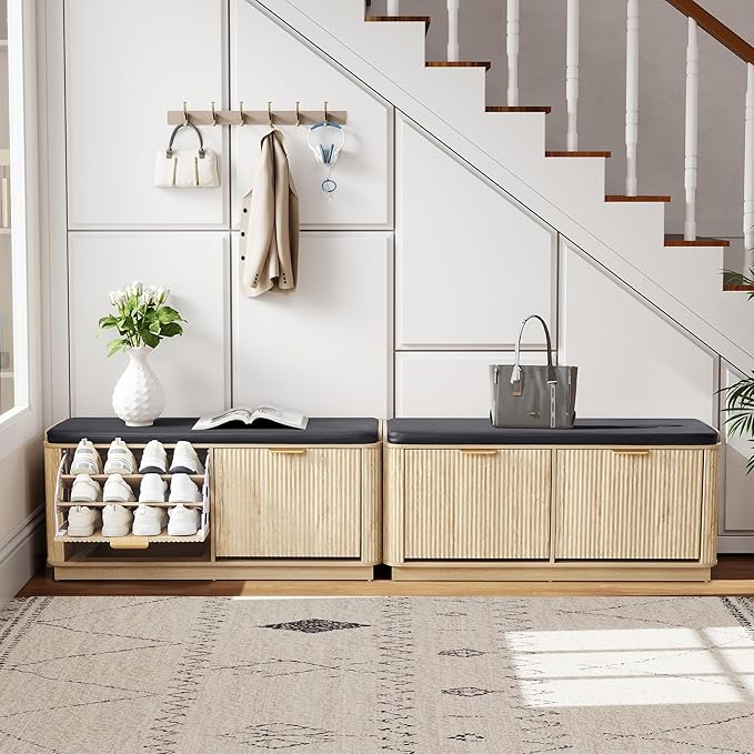 43.3''W Fluted Shoe Rack Bench with 2 Flip Drawers, Entry Bench Seat with 3-Tier Shoe Storage and Leather Cushion, Shoe Organizer Bench for Entryway, End of Bed, Living Room - Natural