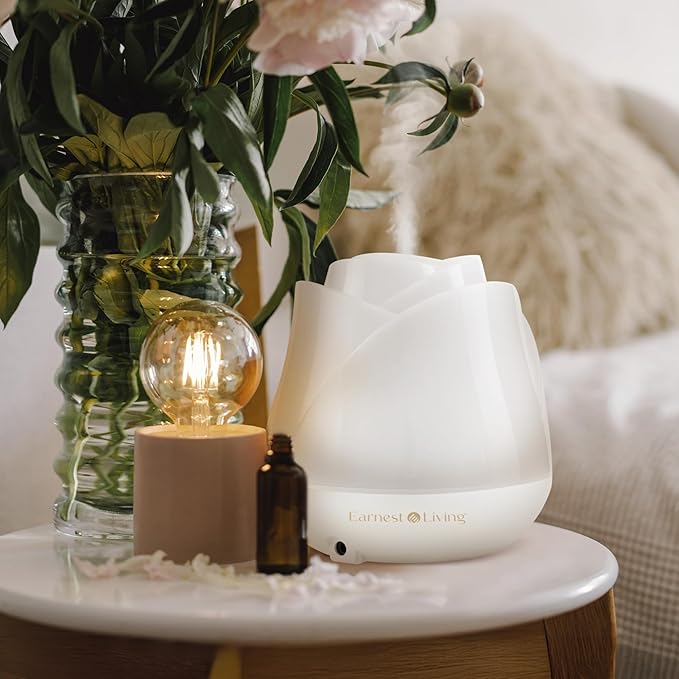 Earnest Living Rose Essential Oil Diffuser 150ml – Mini Ultrasonic Aromatherapy Humidifier for Bedroom & Desk, Quiet Mist, USB Powered, 7-Color Night Light, Valentine's Gift for Women – Solid White