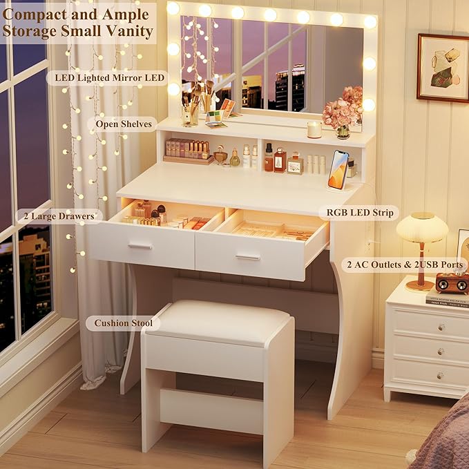 Small Vanity Desk with Mirror and Lights, White Makeup Vanity with Chair, RGB Vanity Table Set with 2 Drawers & Power Outlets & LED Strip, 3 Color Modes & Adjustable Brightness for Women Girls Bedroom