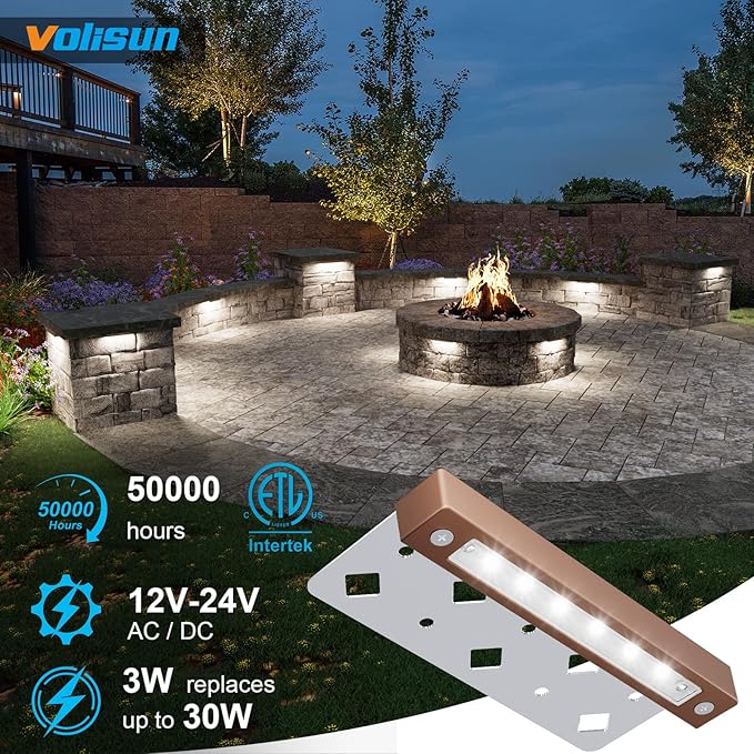 VOLISUN 16 Pack 7 Inch Retaining Wall Lights, Waterproof LED Hardscape Lighting, Cuttable Low Voltage Landscape Lighting, 12V Paver Lights, 3W Outdoor Step Lights, 5000K Daylight, ETL