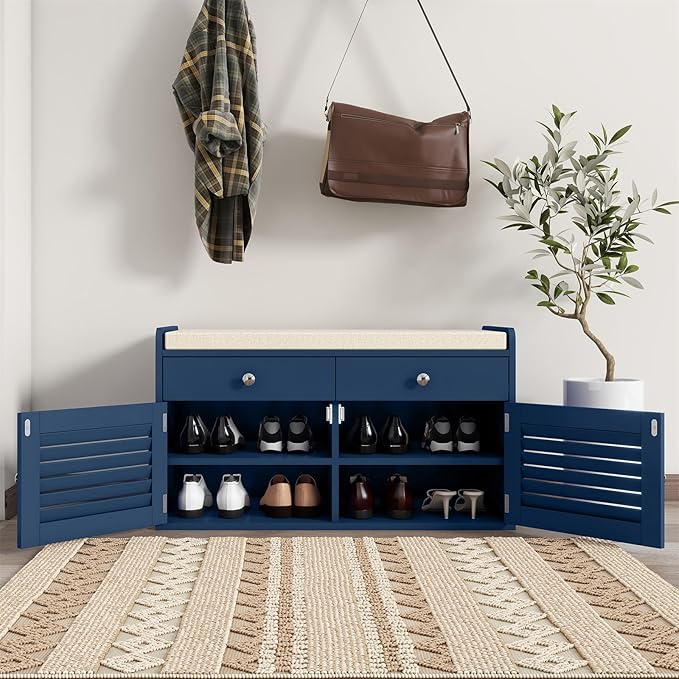 Shoe Storage Bench with Cushion, Shoe Bench, Padded Seat, 2 Drawer Storage, Entryway, Hold up to 300lbs, 15.8 x 32.29 x 18.1 Inches, Blue