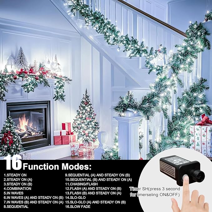 LAMPHOME 165ft Christmas Decorative Mini Lights, 500 LED Transparent Wire Fairy Starry String Lights Plug in, 16Lighting Modes for Indoor Outdoor Xmas Tree Wedding Party Decoration (White)
