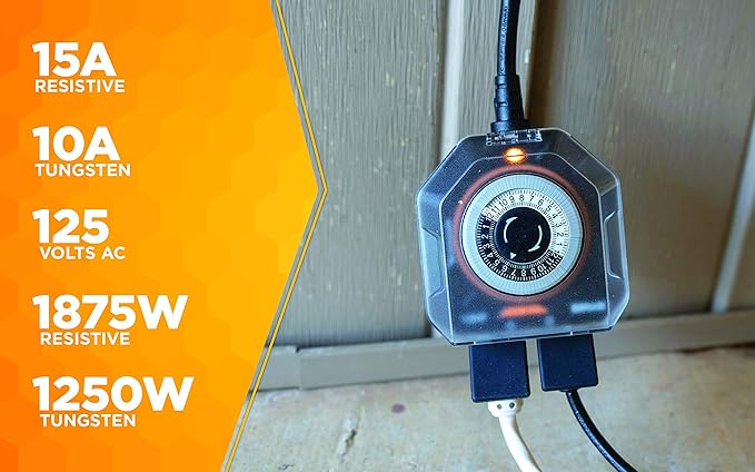 Southwire Woods Outdoor 24-Hour Mechanical Timer - Dual Grounded Outlets - Energy-Saving Power Control - Waterproof Design - Programmable Outdoor Timer - Black