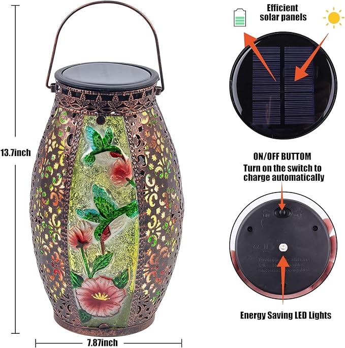 Larekook Hummingbird Solar Lantern Outdoor Waterproof,13" Large Metal Hanging Lantern Decorative,Hummingbird Solar Lights for Yard Lawn Porch Patio Garden Decor,Birthday Gifts for Women Mom