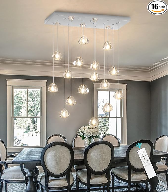 Crystal Rectangular LED Chandelier for Living Dining Room Light Dimmable High Ceiling Pendant Lights Fixtures Lighting Chandeliers for Foyer Entryway Lighting Polished Chrome